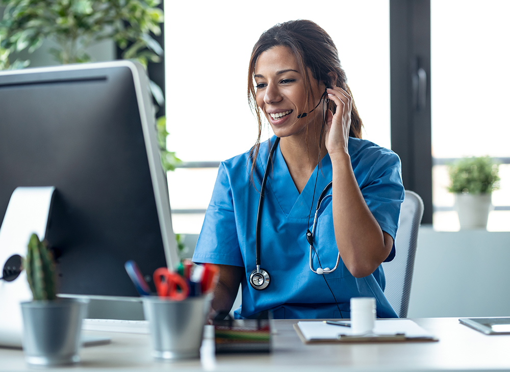 Female doctor talking with earphone