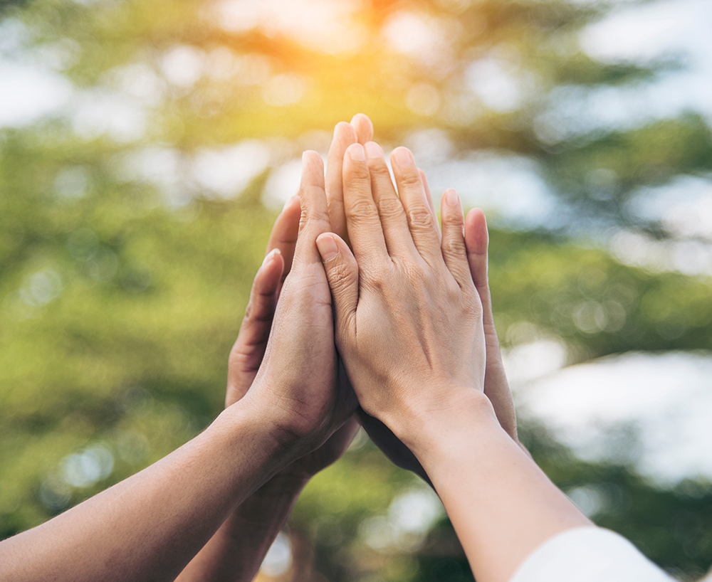 Teamwork high five as team together hands air greeting  power ta